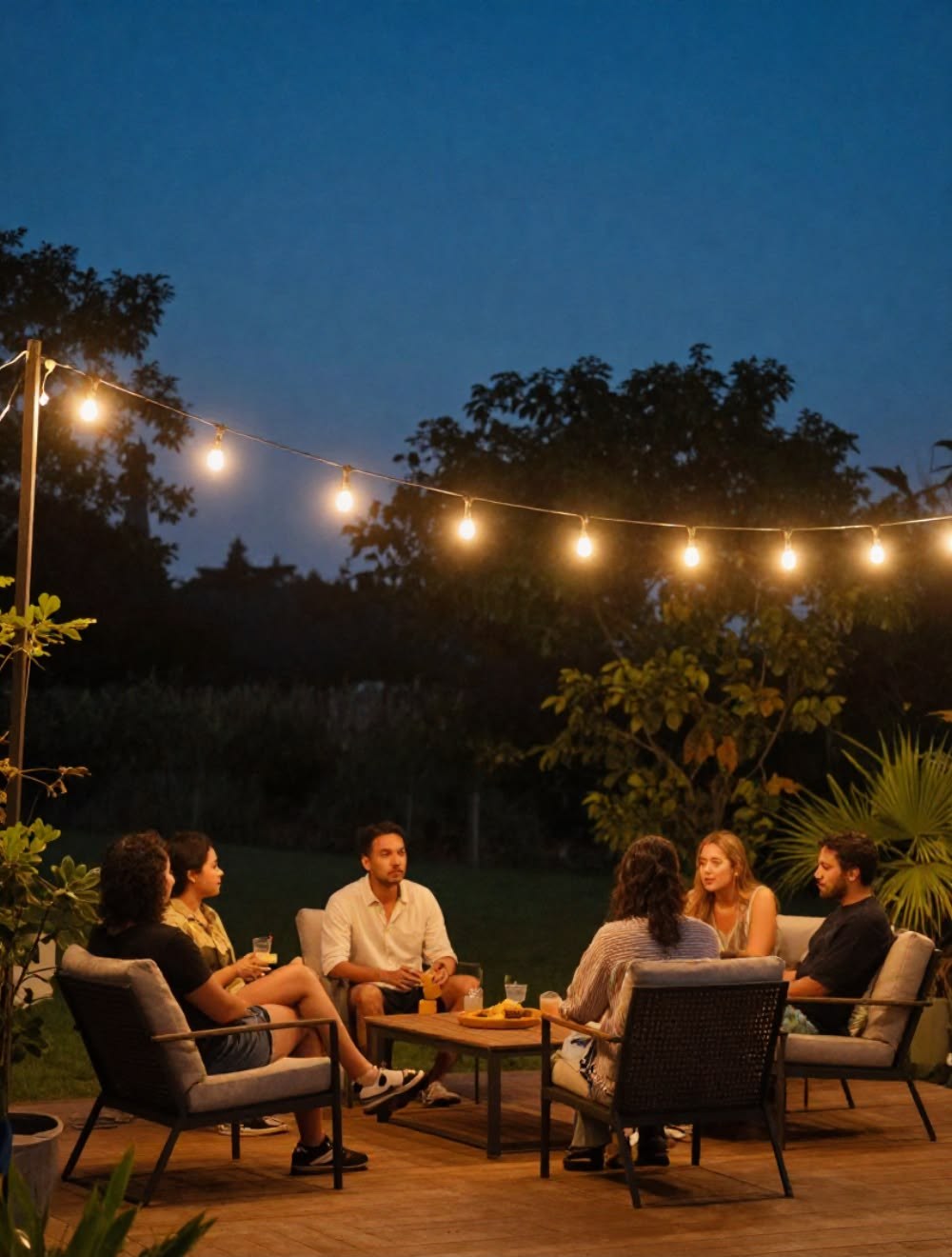 Warm cafe-style Edison string lights strung over a backyard patio gathering at dusk