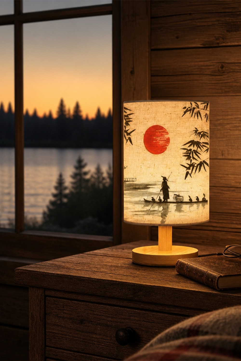 Small linen-shade lamp printed with an ink painting of a fisherman poling a boat, glowing on a cabin nightstand beside a window over a lake at sunset