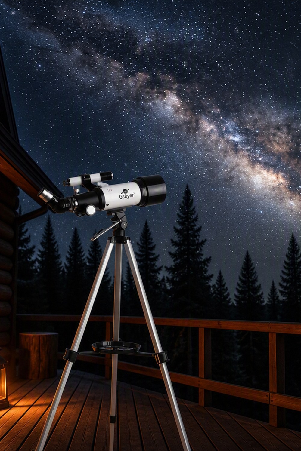 White refractor telescope on a silver tripod on a cabin deck pointed at the Milky Way over pine trees