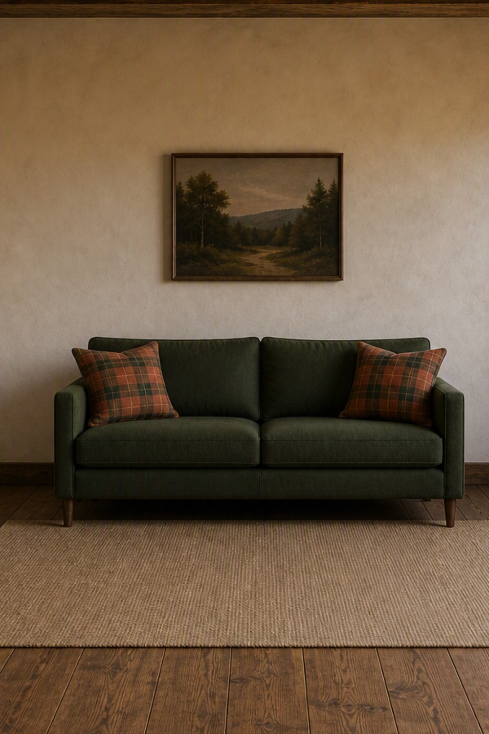 Two terracotta and forest-green tartan plaid pillow covers on a deep green sofa in a cabin living room