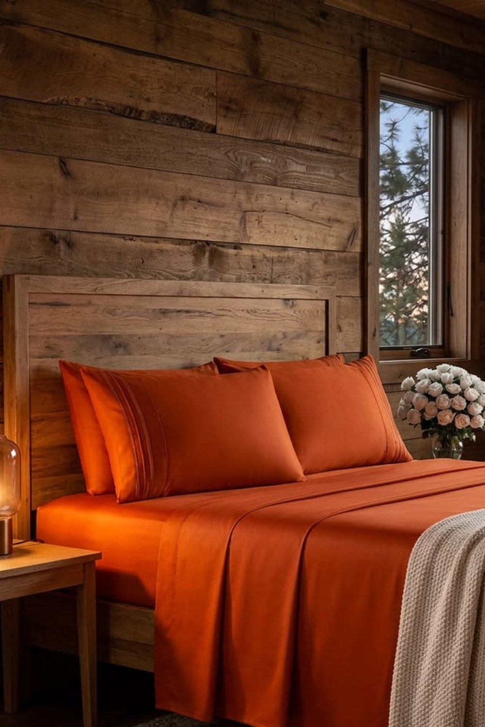 Terracotta queen sheet set on a wood bed against a reclaimed-wood plank wall in a cabin bedroom
