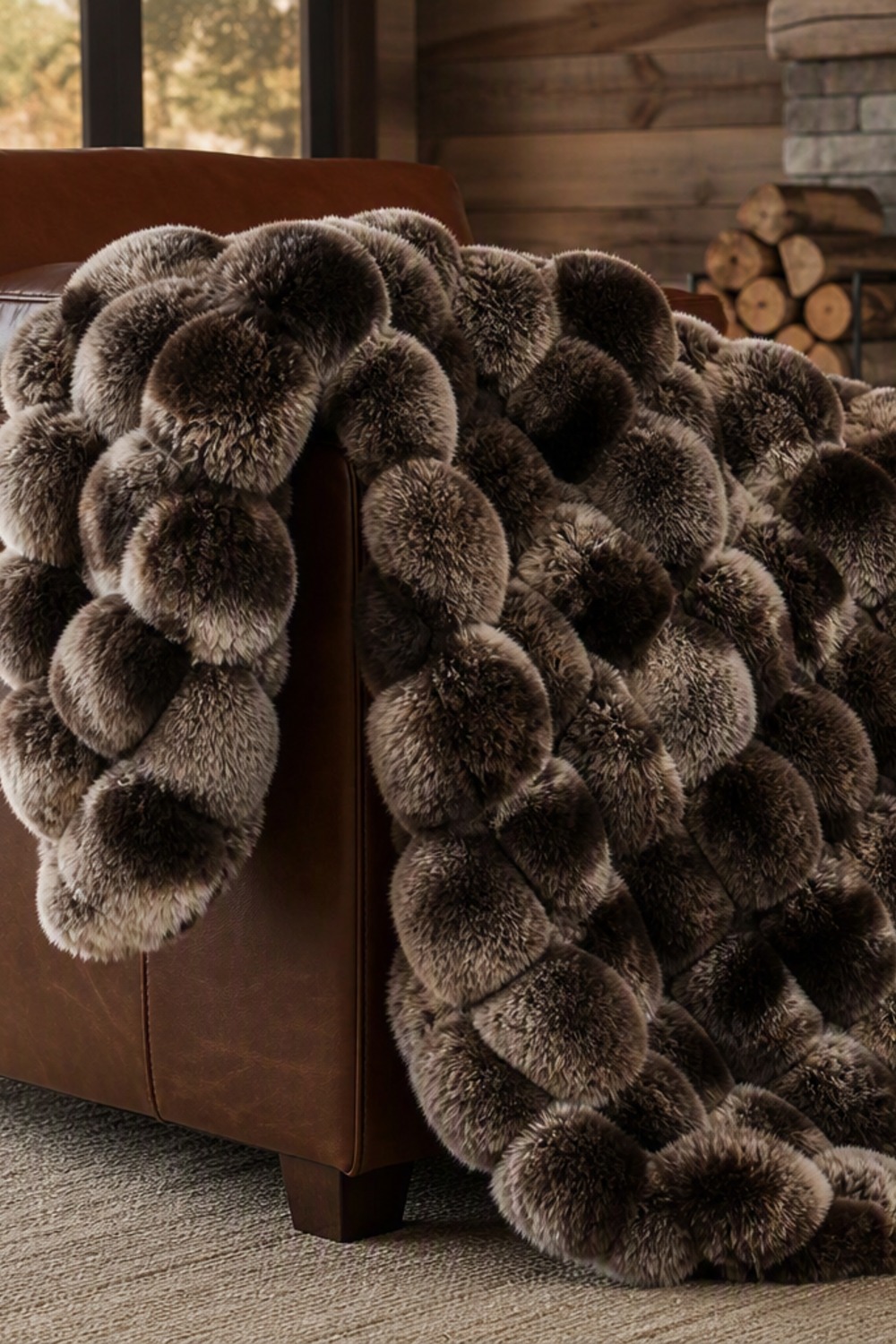 Mottled brown and cream bubble-quilted faux-fur throw draped over a leather armchair in a cabin living room