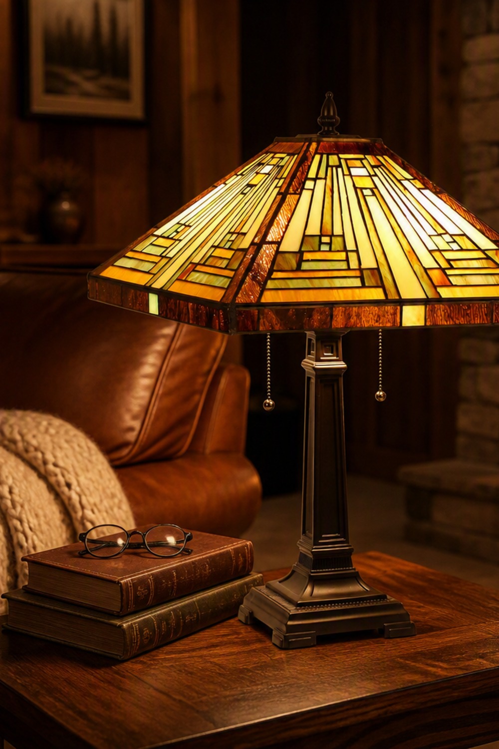 Tiffany-style Mission stained glass table lamp glowing on a walnut side table beside a leather armchair and stacked books in a cabin study