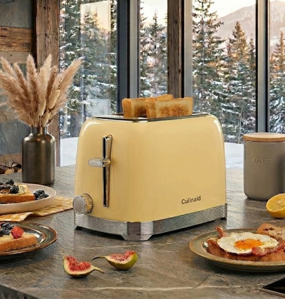 Retro yellow Culinaid toaster on a cabin kitchen island