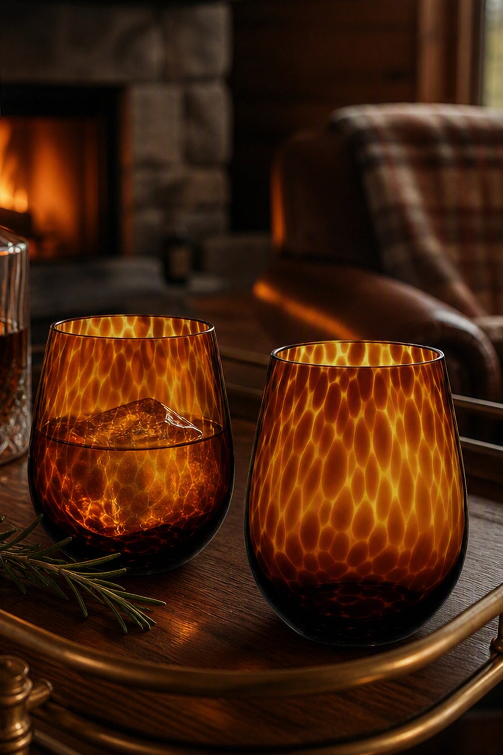 Two amber tortoiseshell stemless glasses on a brass bar cart by a stone fireplace, one filled with whiskey over ice
