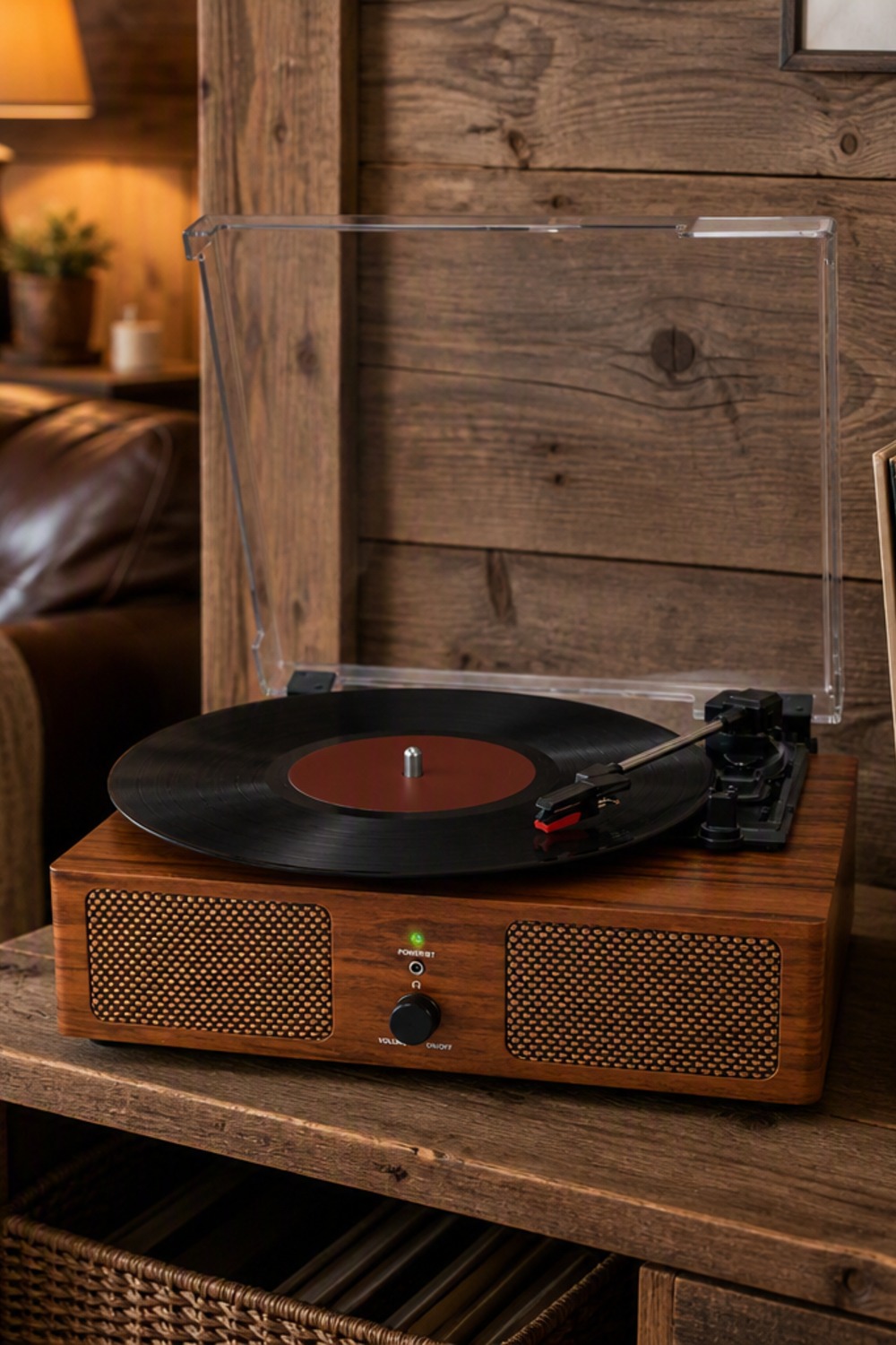 Wood-grain vintage-style vinyl turntable with built-in speakers on a rustic shelf in a cabin living room