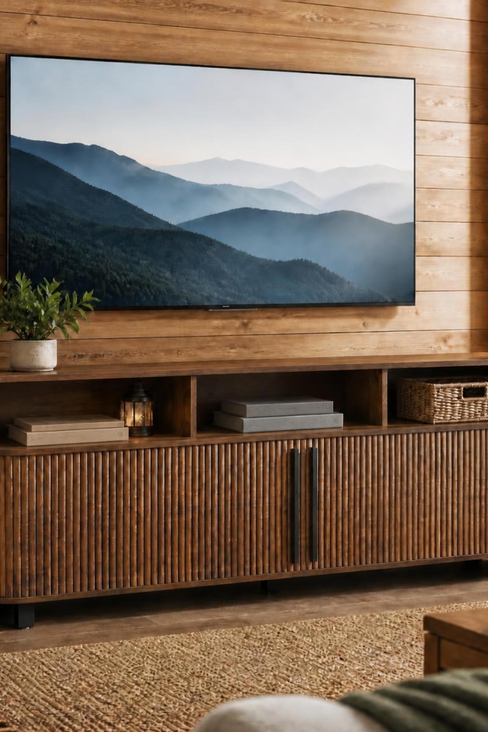 Walnut TV console with wave-fluted sliding cabinet doors and open shelf cubbies in a cabin living room