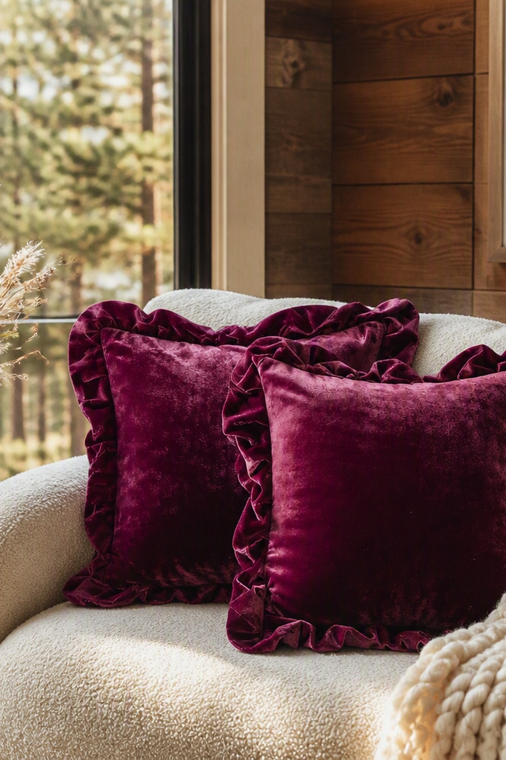 Two burgundy ruffled velvet pillow covers on a cream boucle sofa in a cabin living room with pines out the window