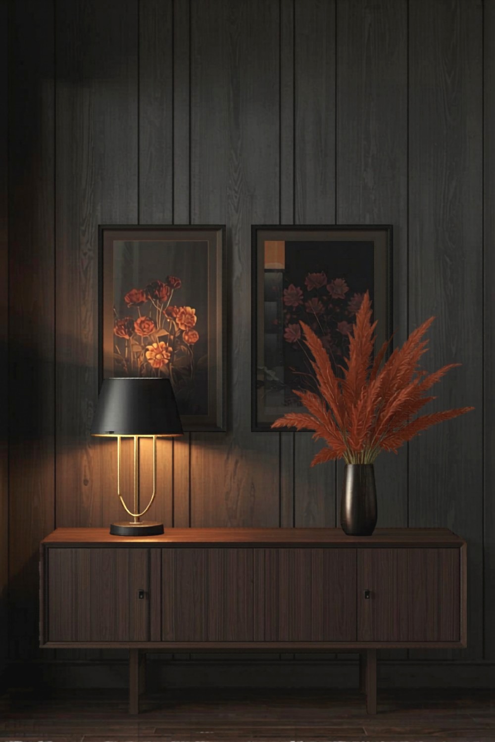 Framed art prints on a cabin wall