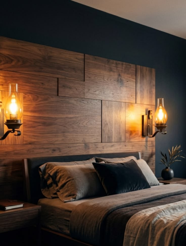 Pair of rustic hurricane-glass wall sconces flanking a bed on a wood-plank accent wall in a cabin bedroom