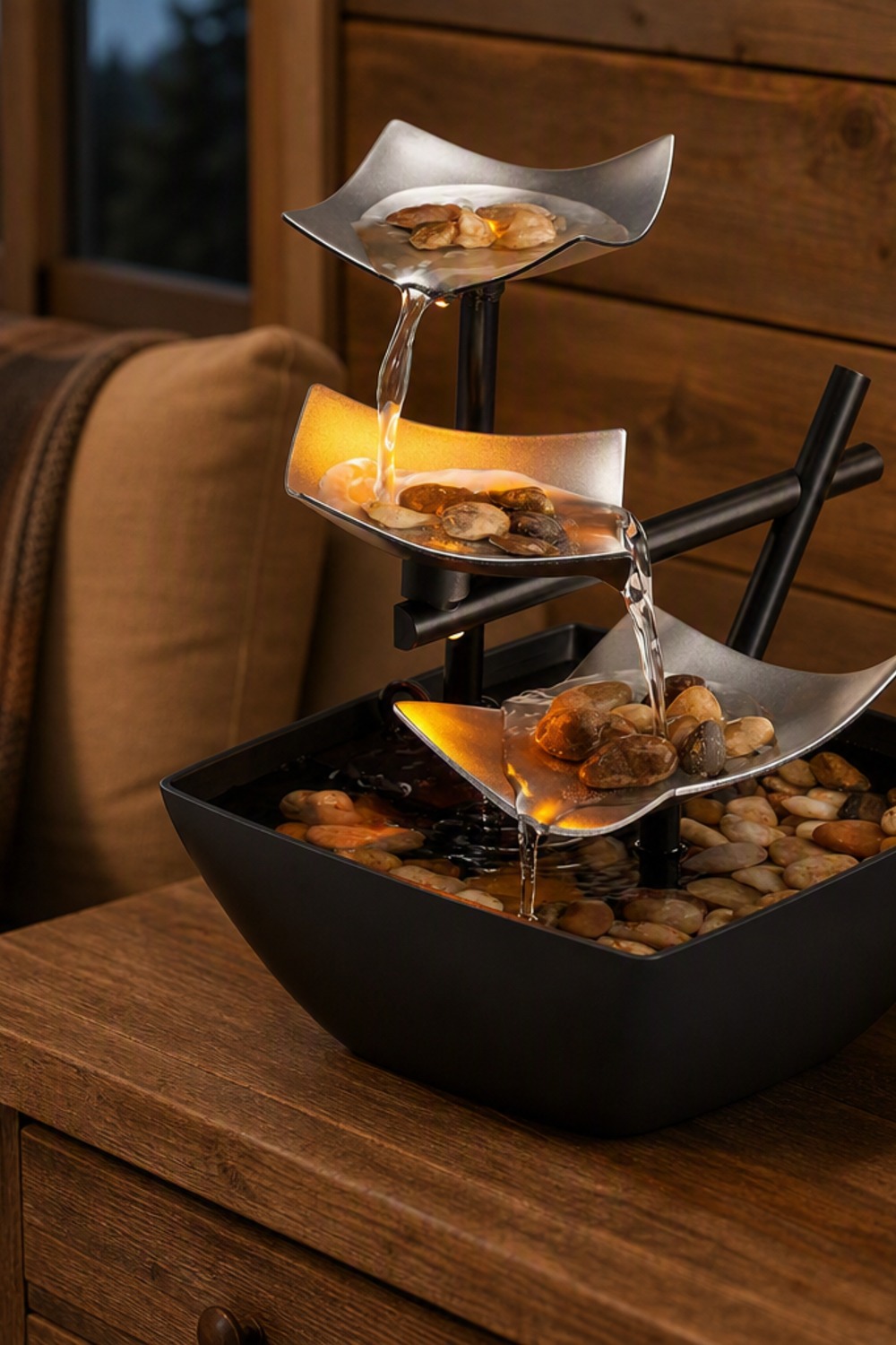 Three-tiered tabletop water fountain with river rocks and warm LED glow on a cabin console table