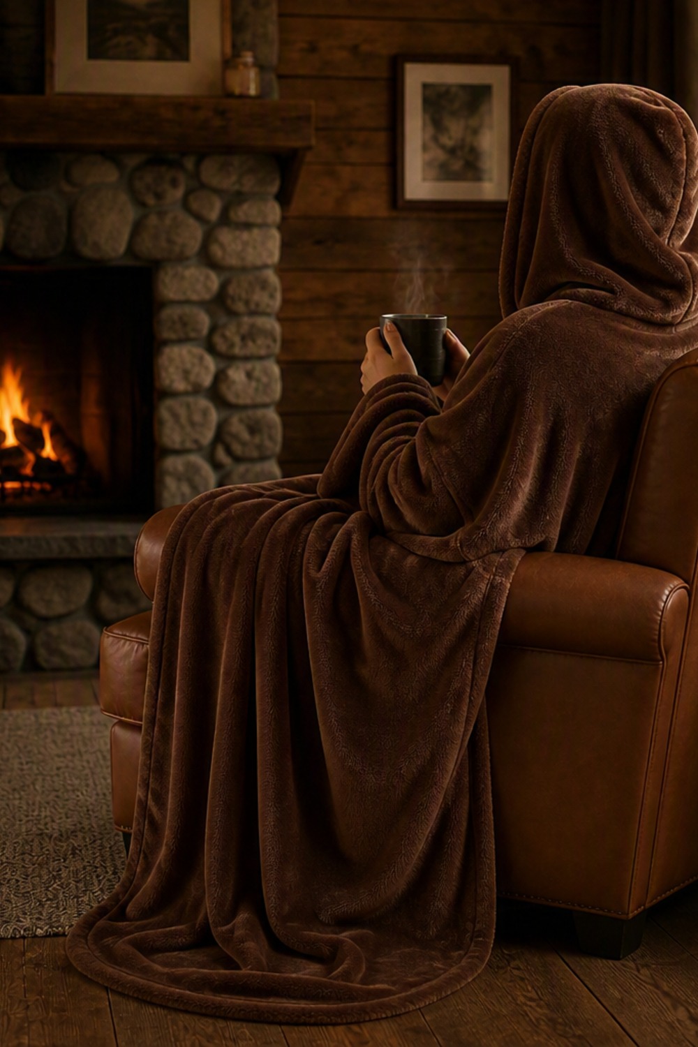 Person wearing a hooded chestnut brown plush wearable blanket, seated by a stone fireplace holding a steaming mug in a cabin living room