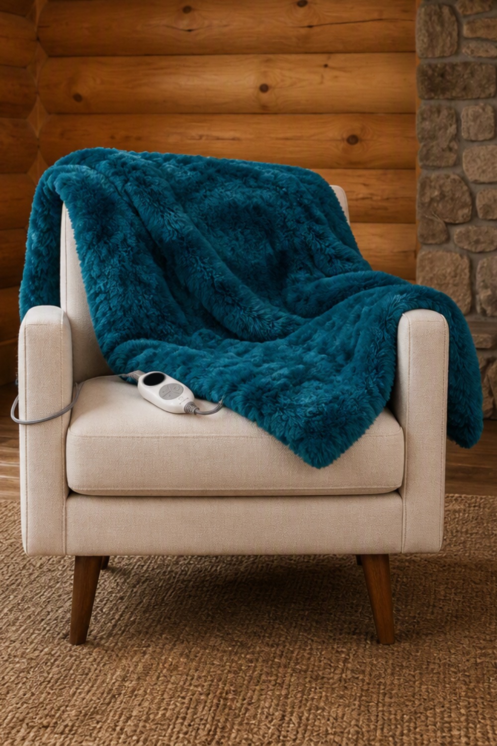Deep teal tie-dye faux-fur electric throw blanket draped over a cream linen armchair, with its white hand controller on the seat, in a log-cabin living room