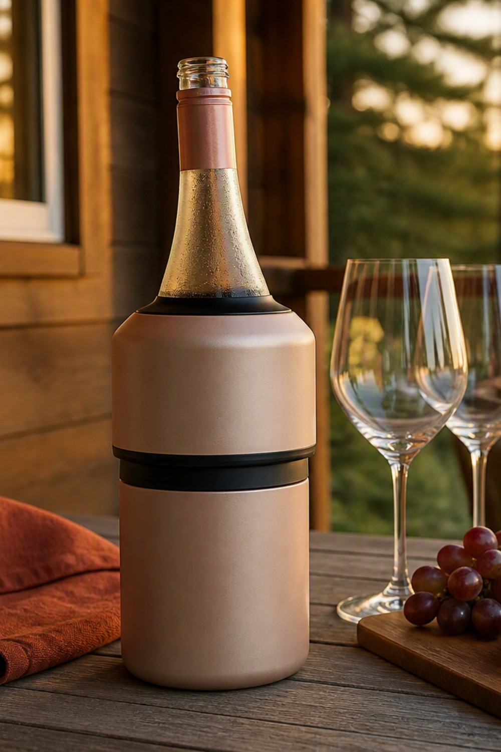 Matte champagne insulated wine chiller holding a bottle on a weathered wood table on a cabin porch at golden hour