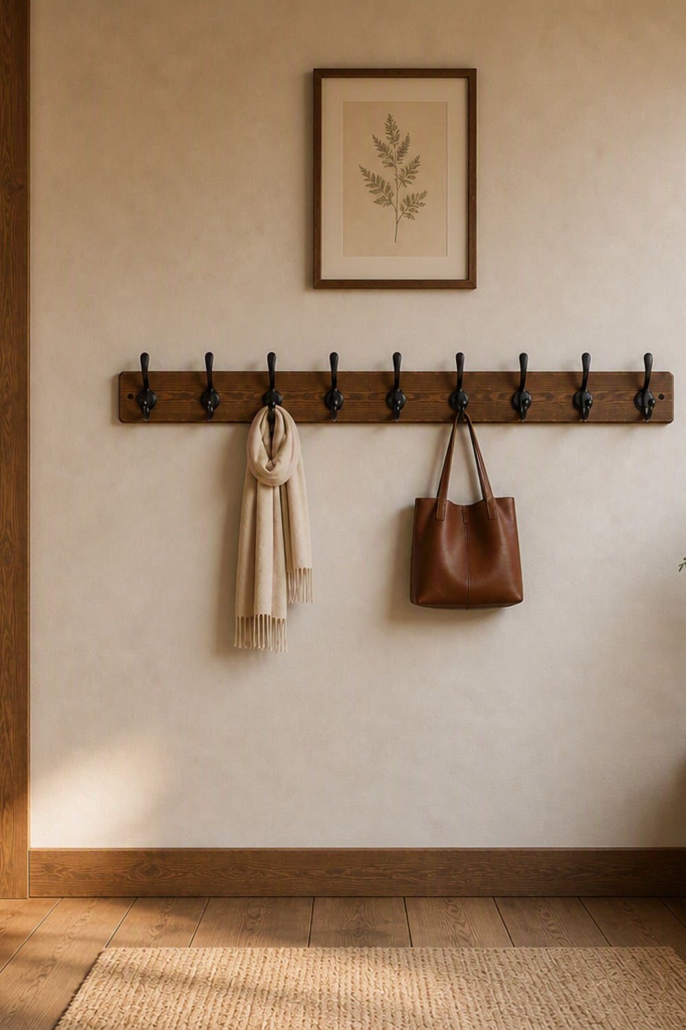 Rustic solid-wood wall-mounted coat rack with ten black hooks, holding a scarf and a tote bag, in a cabin entryway