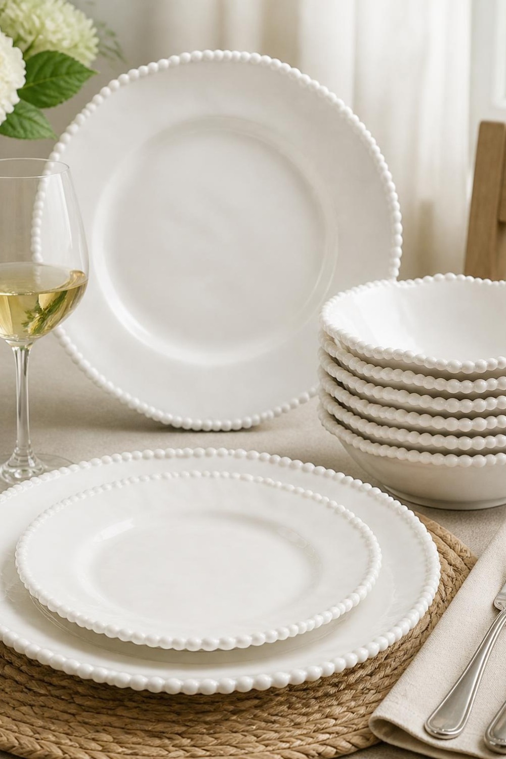Scalloped white dinnerware set with a pearl beaded rim, dinner plates, salad plates, and bowls styled on a cabin dining table with a glass of white wine
