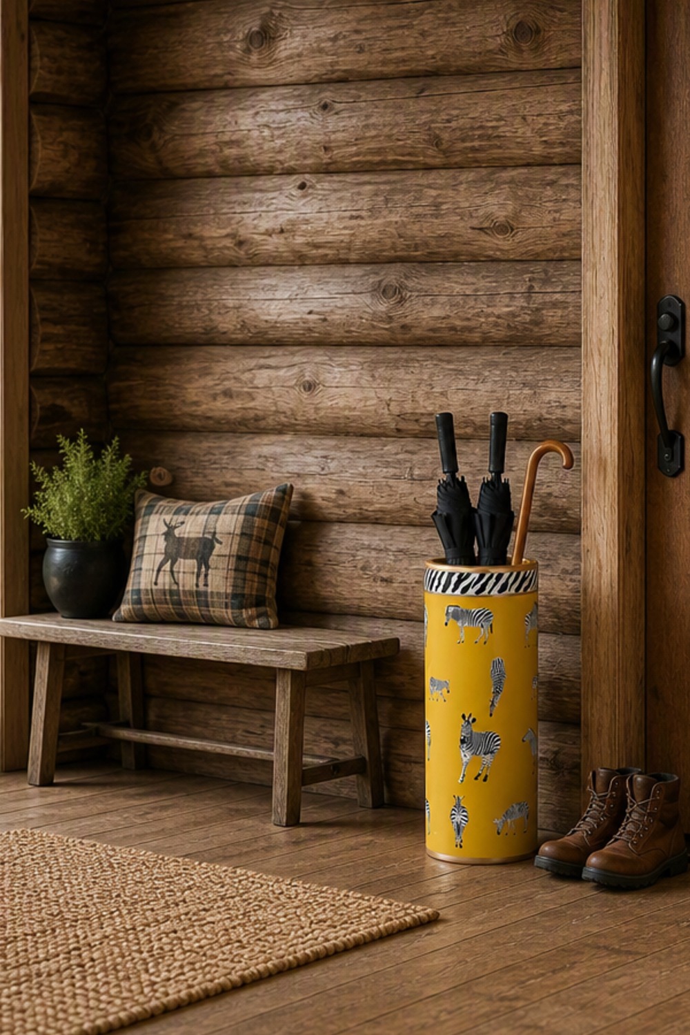 Tall mustard-yellow zebra-print umbrella stand with a gold rim holding two black umbrellas and a wooden cane beside a rustic cabin front door